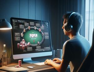 En man sitter vid datorn och spelar cash game poker hos en pokersajt. 