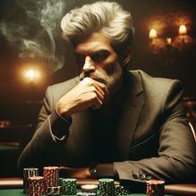 Bild på en pokerspelare vid ett pokerbord som funderar på strategin.