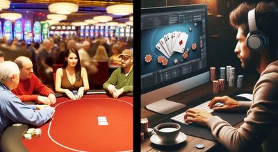 Ena halvan av bilden visar spelare vid ett pokerbord på ett casino, den andra halvan av bilden föreställer en spelare som spelar online poker på datorn. 