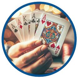 Någon visar upp en pokerhand med fem kort. Pokerhanden innehåller ett fyrtal i ess. 
