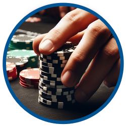 Bild på en hand som skjuter en stapel marker på pokerbordet för att göra en satsning