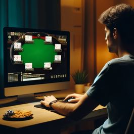En man sitter vid datorn och spelar poker online hos en pokersajt.